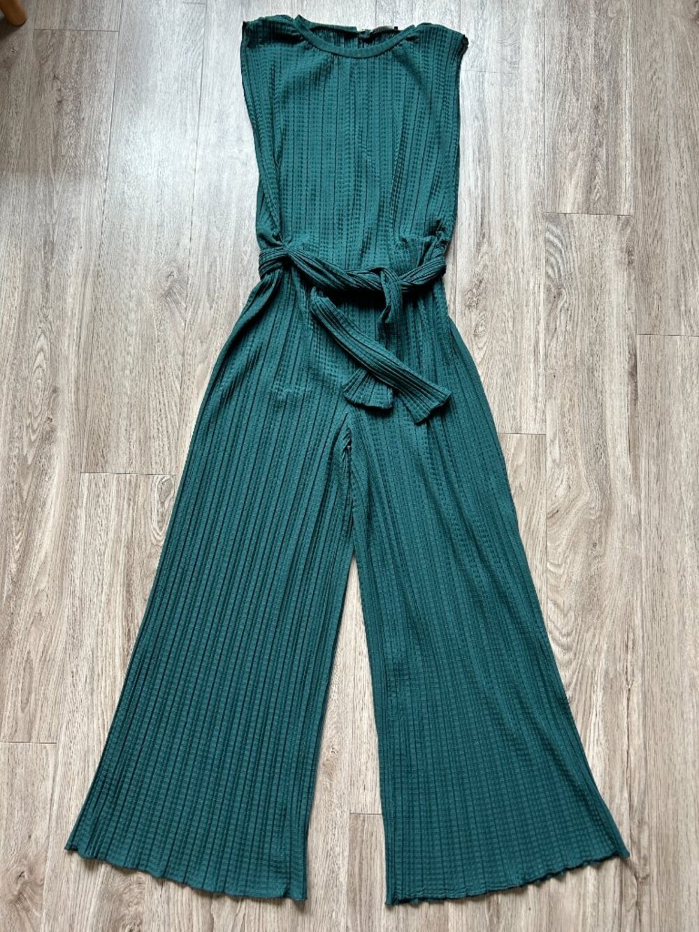 Zara Wide Leg Waffle Belted Forest Green Jumpsuit Size M - Picture 2 of 6